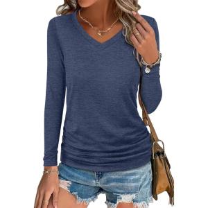 image:imageANRABESS Shirts for Women Long Sleeve V Neck Tops Dressy Business Casual Side Ruched TShirts 2026 Fall Tee Blouses OutfitsNavy Blue