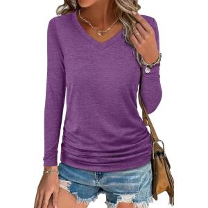 image:imageANRABESS Shirts for Women Long Sleeve V Neck Tops Dressy Business Casual Side Ruched TShirts 2026 Fall Tee Blouses OutfitsPurple