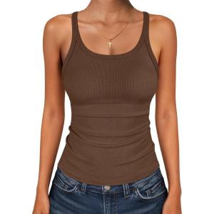 image:imageANRABESS Tank Top for Womens Summer 2026 Scoop Neck Sleeveless Ribbed Knit Workout Basic Tees Slim Fitted Cami ShirtsCamel