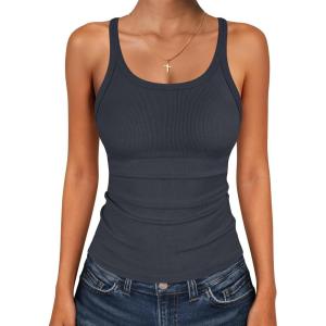 image:imageANRABESS Tank Top for Womens Summer 2026 Scoop Neck Sleeveless Ribbed Knit Workout Basic Tees Slim Fitted Cami ShirtsCharcoal