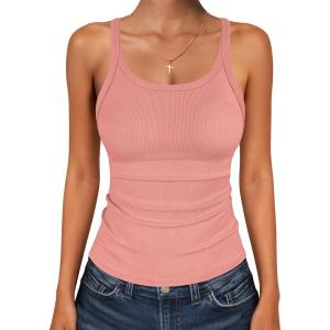 image:imageANRABESS Tank Top for Womens Summer 2026 Scoop Neck Sleeveless Ribbed Knit Workout Basic Tees Slim Fitted Cami ShirtsCoral