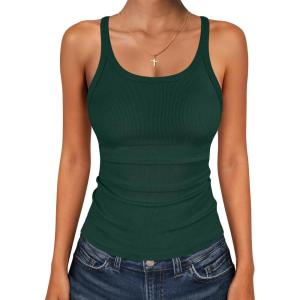 image:imageANRABESS Tank Top for Womens Summer 2026 Scoop Neck Sleeveless Ribbed Knit Workout Basic Tees Slim Fitted Cami ShirtsDeep Green