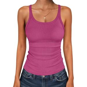 image:imageANRABESS Tank Top for Womens Summer 2026 Scoop Neck Sleeveless Ribbed Knit Workout Basic Tees Slim Fitted Cami ShirtsHot Pink