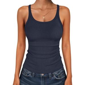 image:imageANRABESS Tank Top for Womens Summer 2026 Scoop Neck Sleeveless Ribbed Knit Workout Basic Tees Slim Fitted Cami ShirtsNavy Blue