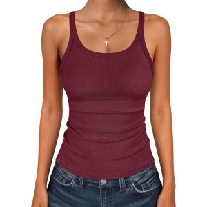 image:imageANRABESS Tank Top for Womens Summer 2026 Scoop Neck Sleeveless Ribbed Knit Workout Basic Tees Slim Fitted Cami ShirtsWine Red