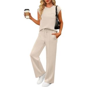 image:imageANRABESS Two Piece Sets for Women 2026 Summer Travel Vacation Outfits Sleeveless Lounge Set Matching Wide Leg Pants SweatsuitApricot