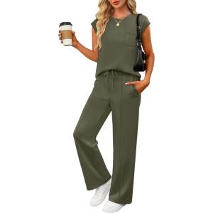 image:imageANRABESS Two Piece Sets for Women 2026 Summer Travel Vacation Outfits Sleeveless Lounge Set Matching Wide Leg Pants SweatsuitArmy Green