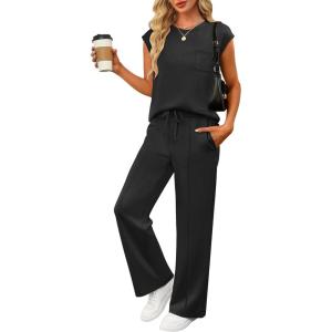 image:imageANRABESS Two Piece Sets for Women 2026 Summer Travel Vacation Outfits Sleeveless Lounge Set Matching Wide Leg Pants SweatsuitBlack