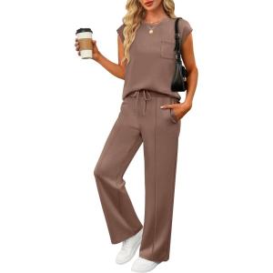 image:imageANRABESS Two Piece Sets for Women 2026 Summer Travel Vacation Outfits Sleeveless Lounge Set Matching Wide Leg Pants SweatsuitBrown