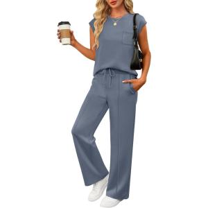 image:imageANRABESS Two Piece Sets for Women 2026 Summer Travel Vacation Outfits Sleeveless Lounge Set Matching Wide Leg Pants SweatsuitDeep Gray