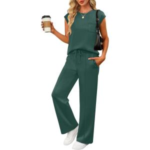 image:imageANRABESS Two Piece Sets for Women 2026 Summer Travel Vacation Outfits Sleeveless Lounge Set Matching Wide Leg Pants SweatsuitDeep Green