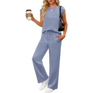 image:imageANRABESS Two Piece Sets for Women 2026 Summer Travel Vacation Outfits Sleeveless Lounge Set Matching Wide Leg Pants SweatsuitGray Blue