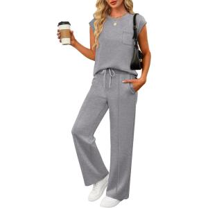 image:imageANRABESS Two Piece Sets for Women 2026 Summer Travel Vacation Outfits Sleeveless Lounge Set Matching Wide Leg Pants SweatsuitGrey