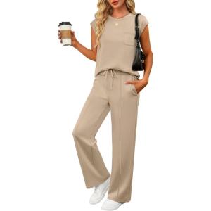 image:imageANRABESS Two Piece Sets for Women 2026 Summer Travel Vacation Outfits Sleeveless Lounge Set Matching Wide Leg Pants SweatsuitKhaki