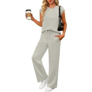 image:imageANRABESS Two Piece Sets for Women 2026 Summer Travel Vacation Outfits Sleeveless Lounge Set Matching Wide Leg Pants SweatsuitLight Khaki