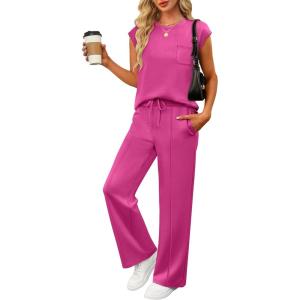 image:imageANRABESS Two Piece Sets for Women 2026 Summer Travel Vacation Outfits Sleeveless Lounge Set Matching Wide Leg Pants SweatsuitRose