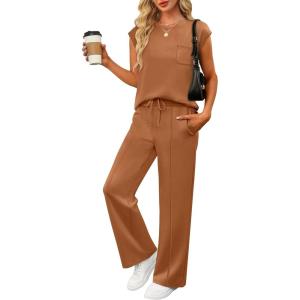 image:imageANRABESS Two Piece Sets for Women 2026 Summer Travel Vacation Outfits Sleeveless Lounge Set Matching Wide Leg Pants SweatsuitRust