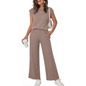 image:imageANRABESS Women 2 Piece Lounge Sets Summer Casual Knit Sweater Vest Pant Set Beach Vacation Clothes 2026 Airport OutfitsBrown