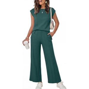 image:imageANRABESS Women 2 Piece Lounge Sets Summer Casual Knit Sweater Vest Pant Set Beach Vacation Clothes 2026 Airport OutfitsDark Green