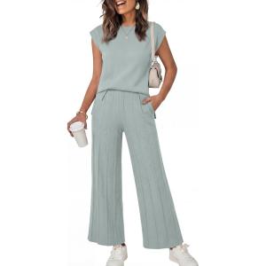image:imageANRABESS Women 2 Piece Lounge Sets Summer Casual Knit Sweater Vest Pant Set Beach Vacation Clothes 2026 Airport OutfitsGrey Green