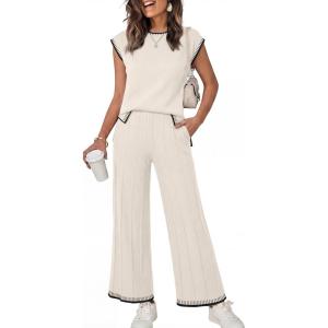 image:imageANRABESS Women 2 Piece Lounge Sets Summer Casual Knit Sweater Vest Pant Set Beach Vacation Clothes 2026 Airport OutfitsKhakiblack