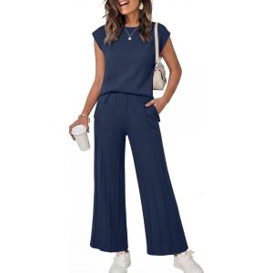 image:imageANRABESS Women 2 Piece Lounge Sets Summer Casual Knit Sweater Vest Pant Set Beach Vacation Clothes 2026 Airport OutfitsNavy Blue