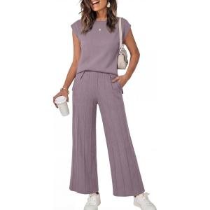 image:imageANRABESS Women 2 Piece Lounge Sets Summer Casual Knit Sweater Vest Pant Set Beach Vacation Clothes 2026 Airport OutfitsPurple