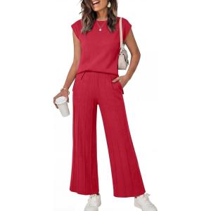 image:imageANRABESS Women 2 Piece Lounge Sets Summer Casual Knit Sweater Vest Pant Set Beach Vacation Clothes 2026 Airport OutfitsRed