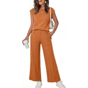 image:imageANRABESS Women 2 Piece Lounge Sets Summer Casual Knit Sweater Vest Pant Set Beach Vacation Clothes 2026 Airport OutfitsRust