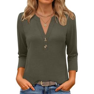 image:imageANRABESS Women 34 Length Sleeve Henley Tops V Neck Business Casual Work T Shirts Cute Travel Shirt 2026 Spring Trendy OutfitArmy Green