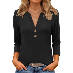 image:imageANRABESS Women 34 Length Sleeve Henley Tops V Neck Business Casual Work T Shirts Cute Travel Shirt 2026 Spring Trendy OutfitBlack