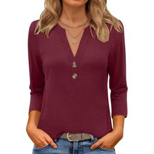 image:imageANRABESS Women 34 Length Sleeve Henley Tops V Neck Business Casual Work T Shirts Cute Travel Shirt 2026 Spring Trendy OutfitBurgundy