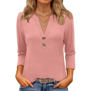 image:imageANRABESS Women 34 Length Sleeve Henley Tops V Neck Business Casual Work T Shirts Cute Travel Shirt 2026 Spring Trendy OutfitCoral