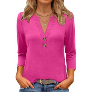 image:imageANRABESS Women 34 Length Sleeve Henley Tops V Neck Business Casual Work T Shirts Cute Travel Shirt 2026 Spring Trendy OutfitHot Pink