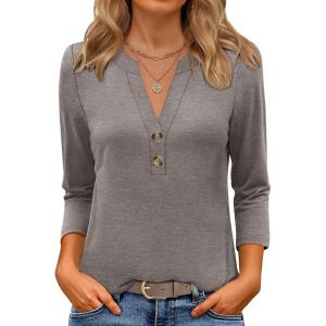image:imageANRABESS Women 34 Length Sleeve Henley Tops V Neck Business Casual Work T Shirts Cute Travel Shirt 2026 Spring Trendy OutfitLight Taupe