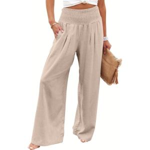 image:imageANRABESS Women Linen Palazzo Pants Summer Boho Wide Leg High Waist Casual Lounge Pant 2026 Beach Travel Vacation OutfitsAlmond
