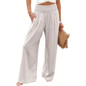 image:imageANRABESS Women Linen Palazzo Pants Summer Boho Wide Leg High Waist Casual Lounge Pant 2026 Beach Travel Vacation OutfitsApricot