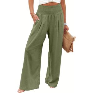 image:imageANRABESS Women Linen Palazzo Pants Summer Boho Wide Leg High Waist Casual Lounge Pant 2026 Beach Travel Vacation OutfitsArmy Green