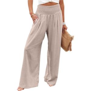 image:imageANRABESS Women Linen Palazzo Pants Summer Boho Wide Leg High Waist Casual Lounge Pant 2026 Beach Travel Vacation OutfitsBeige