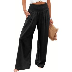 image:imageANRABESS Women Linen Palazzo Pants Summer Boho Wide Leg High Waist Casual Lounge Pant 2026 Beach Travel Vacation OutfitsBlack
