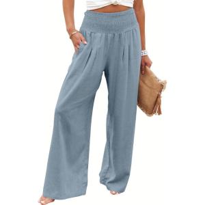 image:imageANRABESS Women Linen Palazzo Pants Summer Boho Wide Leg High Waist Casual Lounge Pant 2026 Beach Travel Vacation OutfitsBlue
