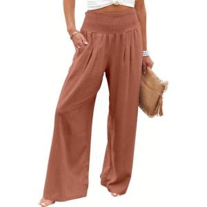 image:imageANRABESS Women Linen Palazzo Pants Summer Boho Wide Leg High Waist Casual Lounge Pant 2026 Beach Travel Vacation OutfitsBrick Red