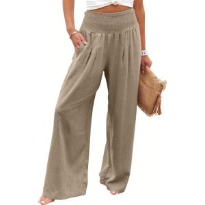 image:imageANRABESS Women Linen Palazzo Pants Summer Boho Wide Leg High Waist Casual Lounge Pant 2026 Beach Travel Vacation OutfitsBrown