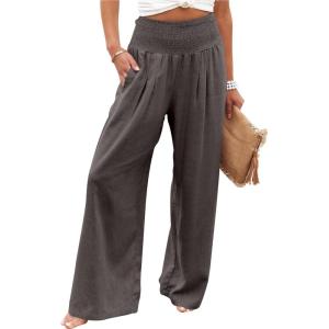 image:imageANRABESS Women Linen Palazzo Pants Summer Boho Wide Leg High Waist Casual Lounge Pant 2026 Beach Travel Vacation OutfitsCoffee