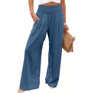 image:imageANRABESS Women Linen Palazzo Pants Summer Boho Wide Leg High Waist Casual Lounge Pant 2026 Beach Travel Vacation OutfitsDeep Blue
