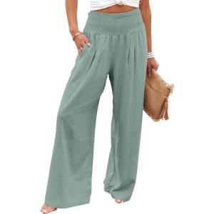 image:imageANRABESS Women Linen Palazzo Pants Summer Boho Wide Leg High Waist Casual Lounge Pant 2026 Beach Travel Vacation OutfitsGreen Blue