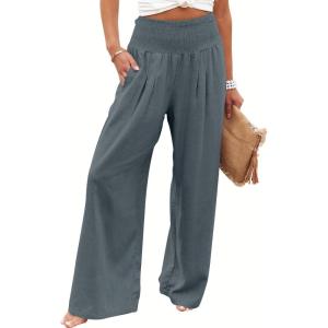 image:imageANRABESS Women Linen Palazzo Pants Summer Boho Wide Leg High Waist Casual Lounge Pant 2026 Beach Travel Vacation OutfitsGrey