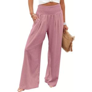 image:imageANRABESS Women Linen Palazzo Pants Summer Boho Wide Leg High Waist Casual Lounge Pant 2026 Beach Travel Vacation OutfitsPink