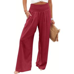 image:imageANRABESS Women Linen Palazzo Pants Summer Boho Wide Leg High Waist Casual Lounge Pant 2026 Beach Travel Vacation OutfitsRed