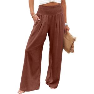 image:imageANRABESS Women Linen Palazzo Pants Summer Boho Wide Leg High Waist Casual Lounge Pant 2026 Beach Travel Vacation OutfitsRed Brown